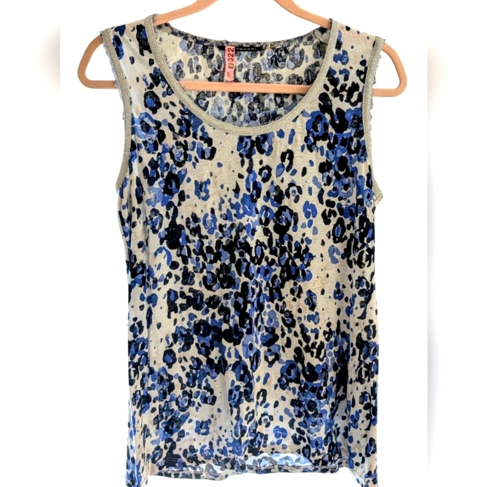 Tahari Sleeveless Blue Leopard With Silver Detail - Fitted Style - M